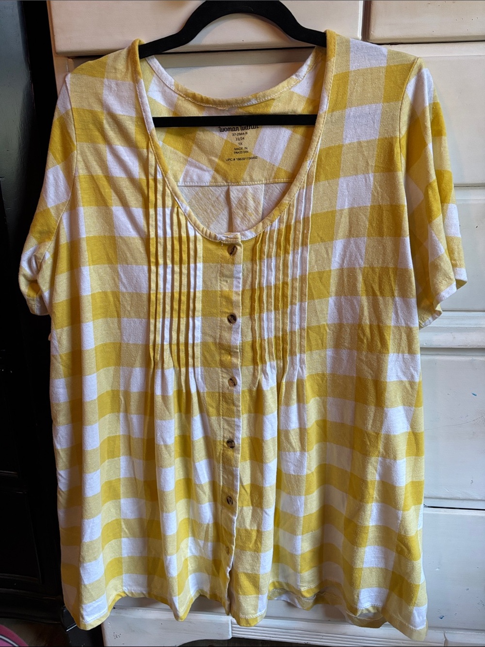 Woman Within Yellow and White Check Short-Sleeve Button Front Tee